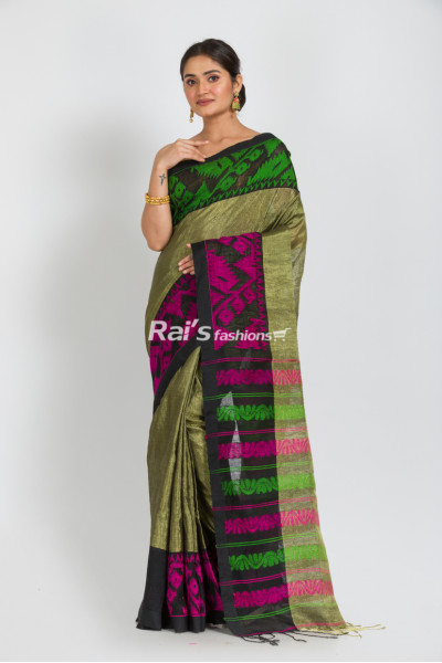 Zari Linen Saree With Handweaving Dhakai Jamdani Worked Contrast Color Border (RAI380)